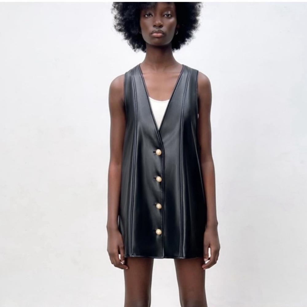Zara Black Leather Pinafore Dress